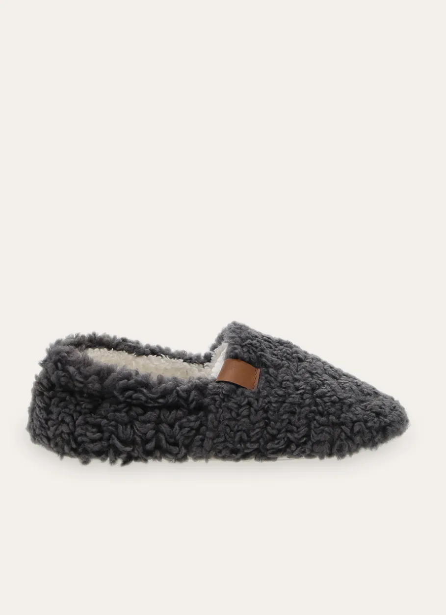 Bouchara Homewear, Accessoire^CHAUSSONS UNIS EN SHERPA AVEC DÉTAIL SIMILI CUIR