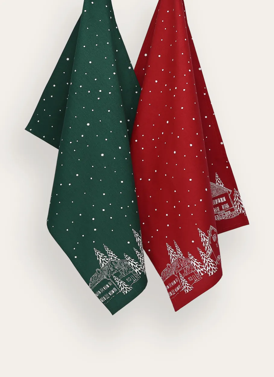 Bouchara Torchon, Essuie-Mains|Table De Noël^LOT DE 2 TORCHONS EN COTON IMPRIMÉ MAISONS